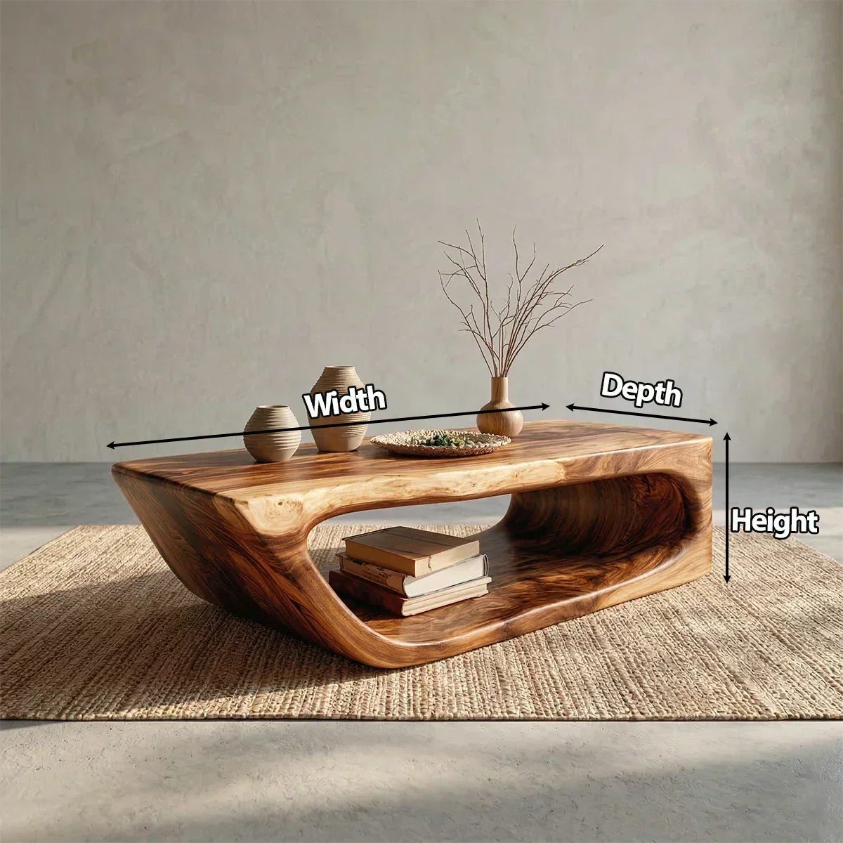 Modern Hollow Form Natural Solid Wood Coffee Table with Open Shelf - Woodenecho