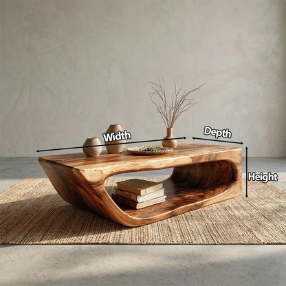 Modern Hollow Form Natural Solid Wood Coffee Table with Open Shelf - Woodenecho
