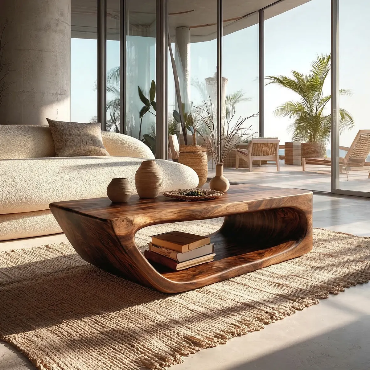 Modern Hollow Form Natural Solid Wood Coffee Table with Open Shelf - Woodenecho