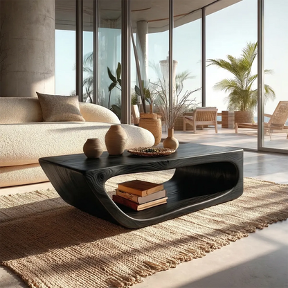 Modern Hollow Form Natural Solid Wood Coffee Table with Open Shelf - Woodenecho