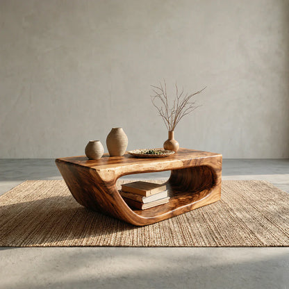 Modern Hollow Form Natural Solid Wood Coffee Table with Open Shelf - Woodenecho