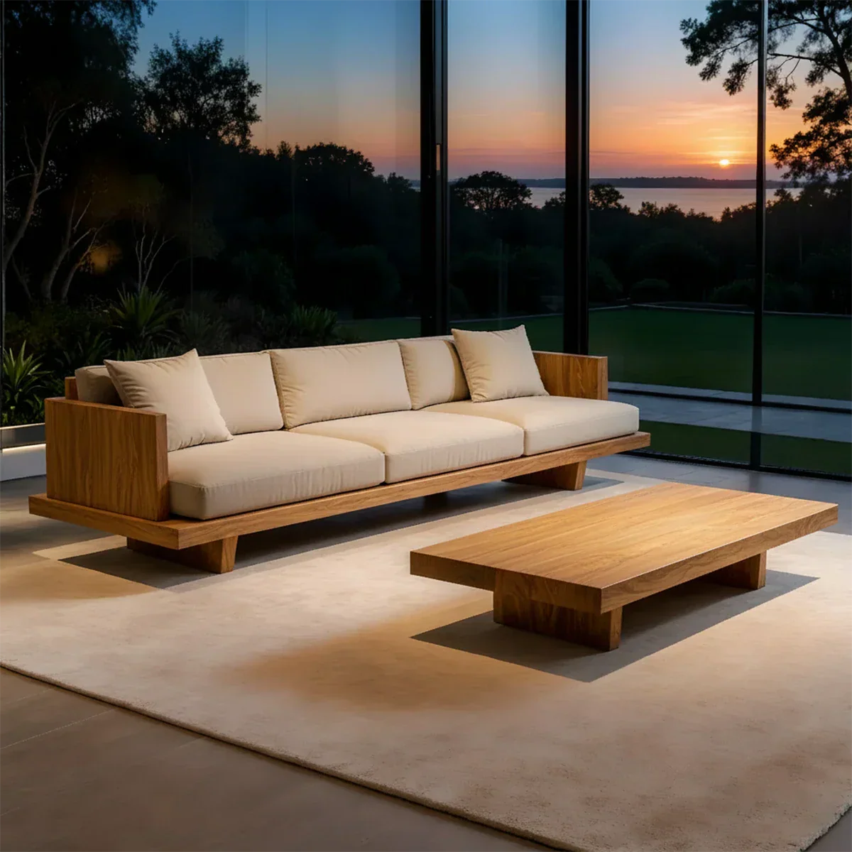 Modern Low-Profile Cotton Sofa with Solid Wood Base - Rustirawood