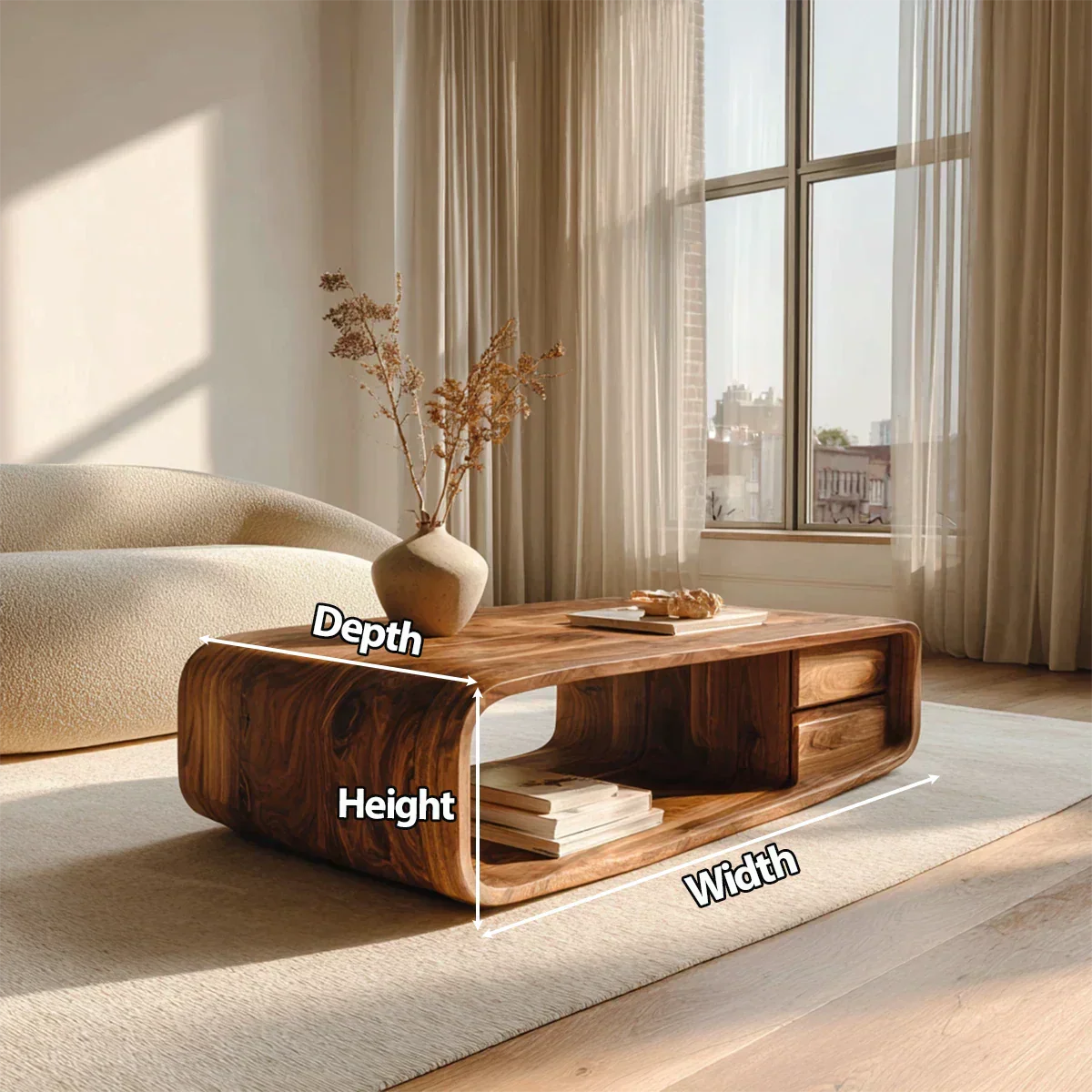 Modern Natural Solid Wood Coffee Table with Drawer and Open Shelf - Rustirawood