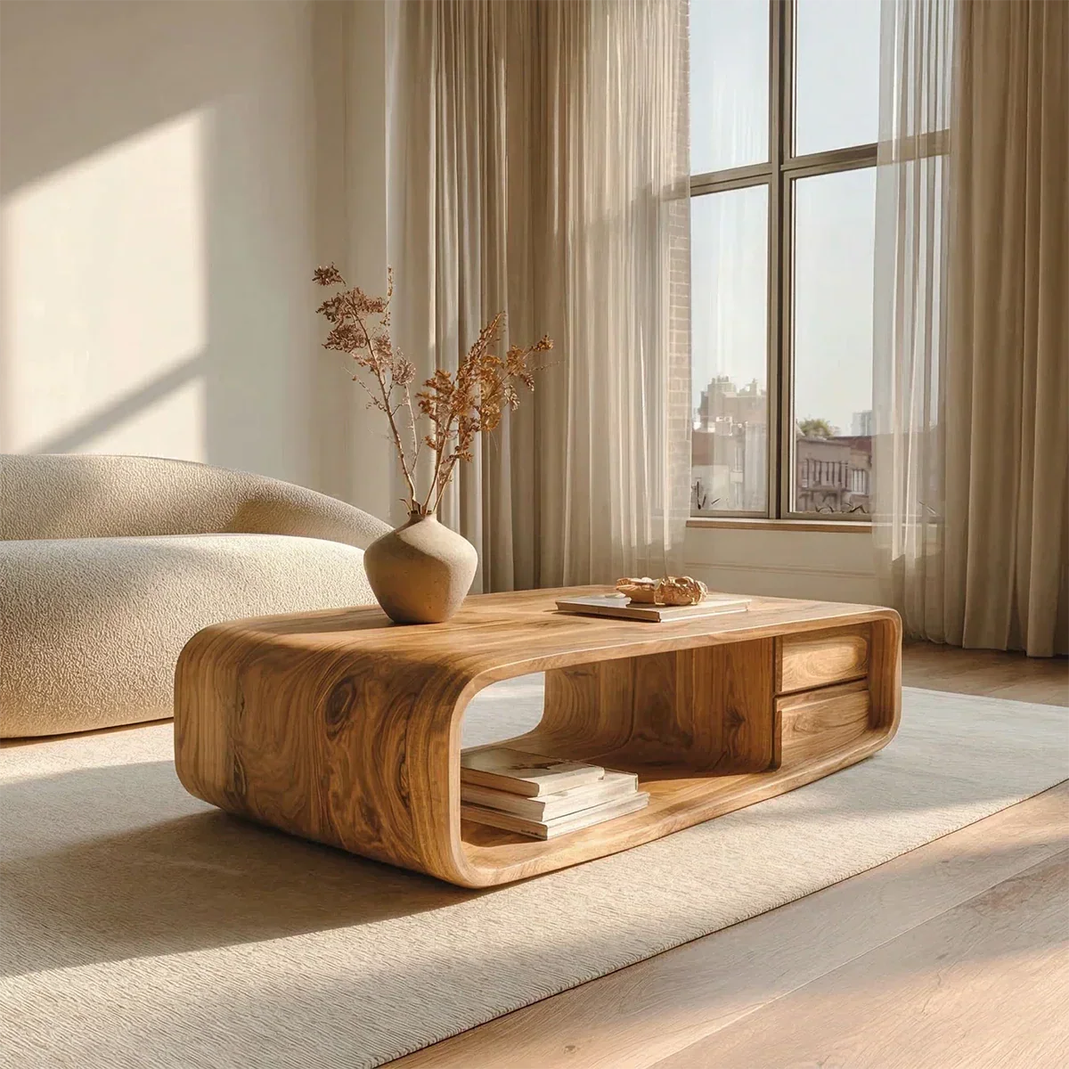 Modern Natural Solid Wood Coffee Table with Drawer and Open Shelf - Rustirawood