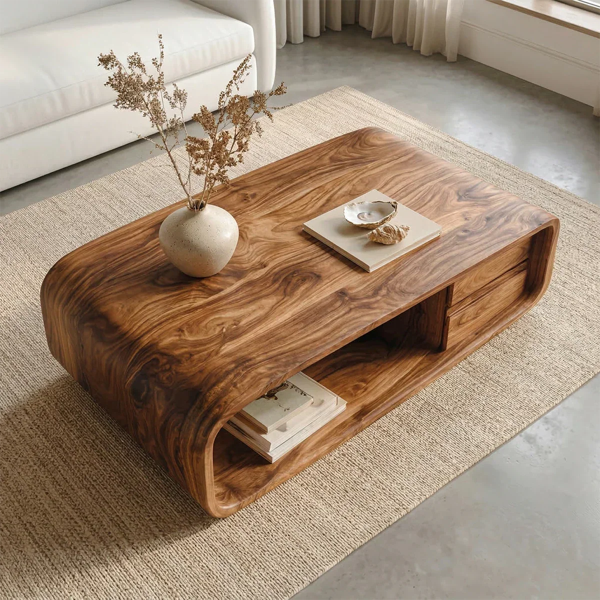 Modern Natural Solid Wood Coffee Table with Drawer and Open Shelf - Rustirawood