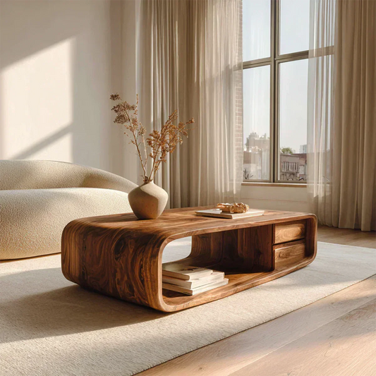 Modern Natural Solid Wood Coffee Table with Drawer and Open Shelf - Woodenecho