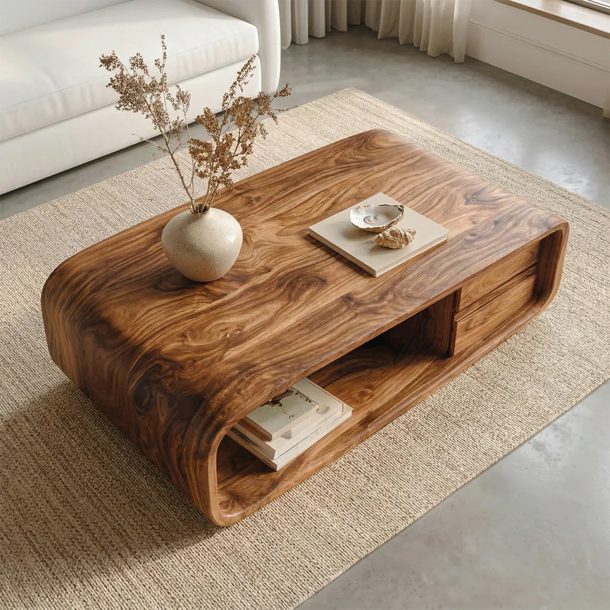 Modern Natural Solid Wood Coffee Table with Drawer and Open Shelf - Woodenecho
