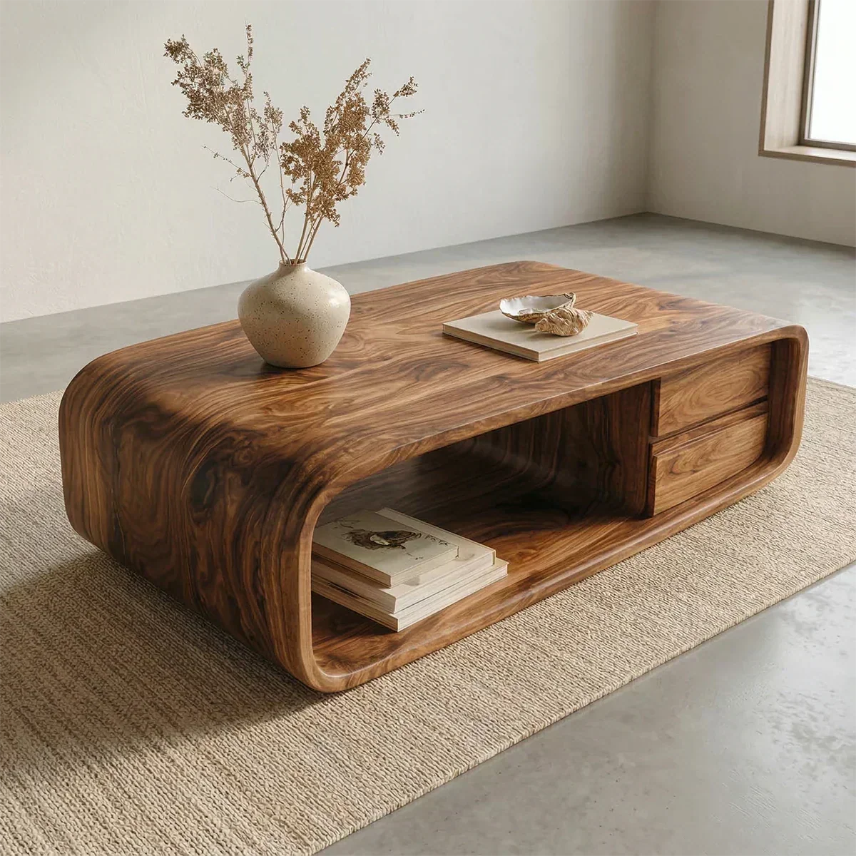 Modern Natural Solid Wood Coffee Table with Drawer and Open Shelf - Woodenecho