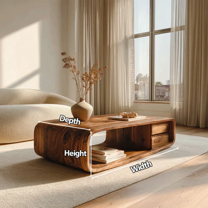 Modern Natural Solid Wood Coffee Table with Drawer and Open Shelf - Woodenecho