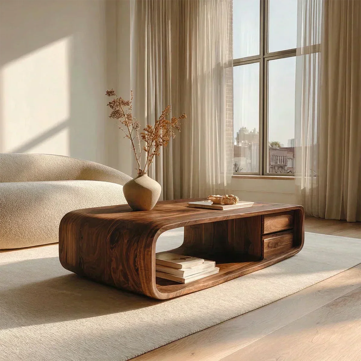 Modern Natural Solid Wood Coffee Table with Drawer and Open Shelf - Woodenecho