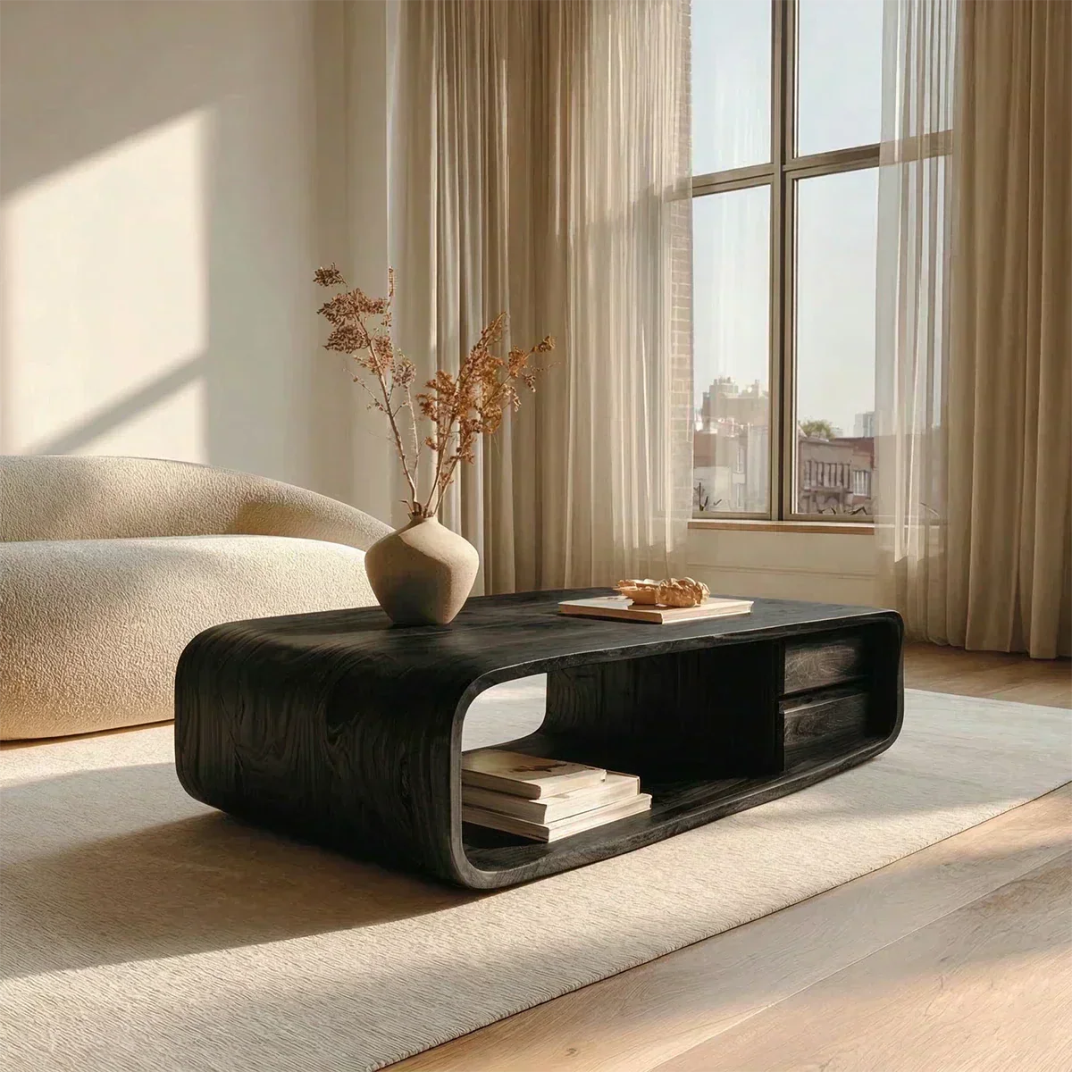 Modern Natural Solid Wood Coffee Table with Drawer and Open Shelf - Woodenecho