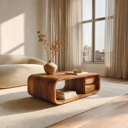 Modern Natural Solid Wood Coffee Table with Drawer and Open Shelf - Woodenecho