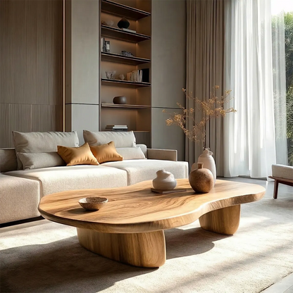 Modern Organic Natural Solid Wood Coffee Table with Rounded Base - Rustirawood