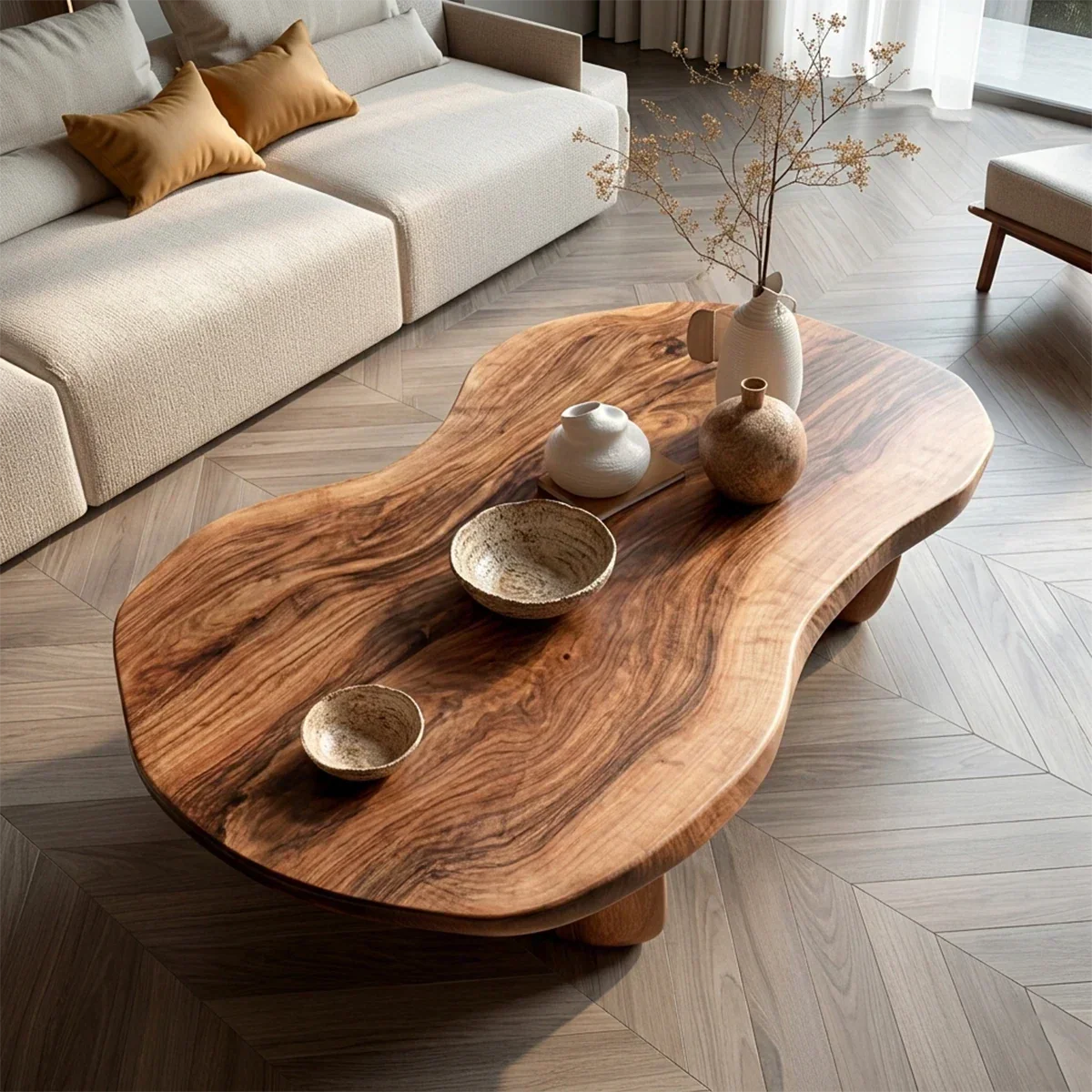 Modern Organic Natural Solid Wood Coffee Table with Rounded Base - Rustirawood
