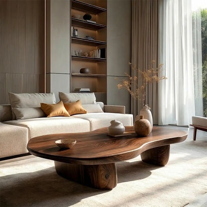 Modern Organic Natural Solid Wood Coffee Table with Rounded Base - Rustirawood
