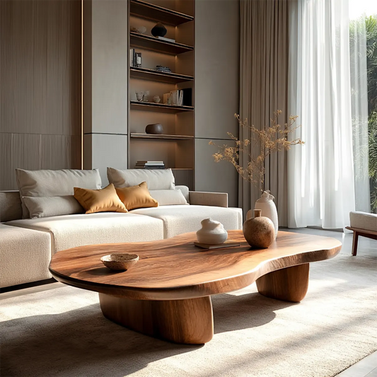 Modern Organic Natural Solid Wood Coffee Table with Rounded Base - Woodenecho