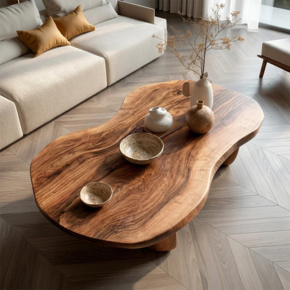 Modern Organic Natural Solid Wood Coffee Table with Rounded Base - Woodenecho