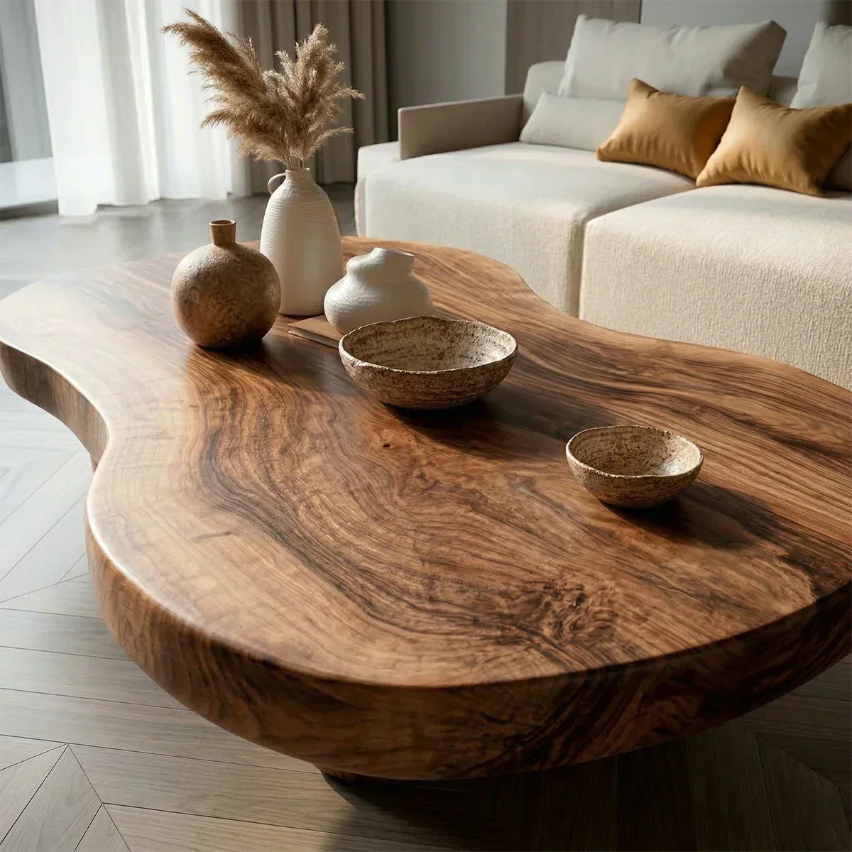 Modern Organic Natural Solid Wood Coffee Table with Rounded Base - Woodenecho