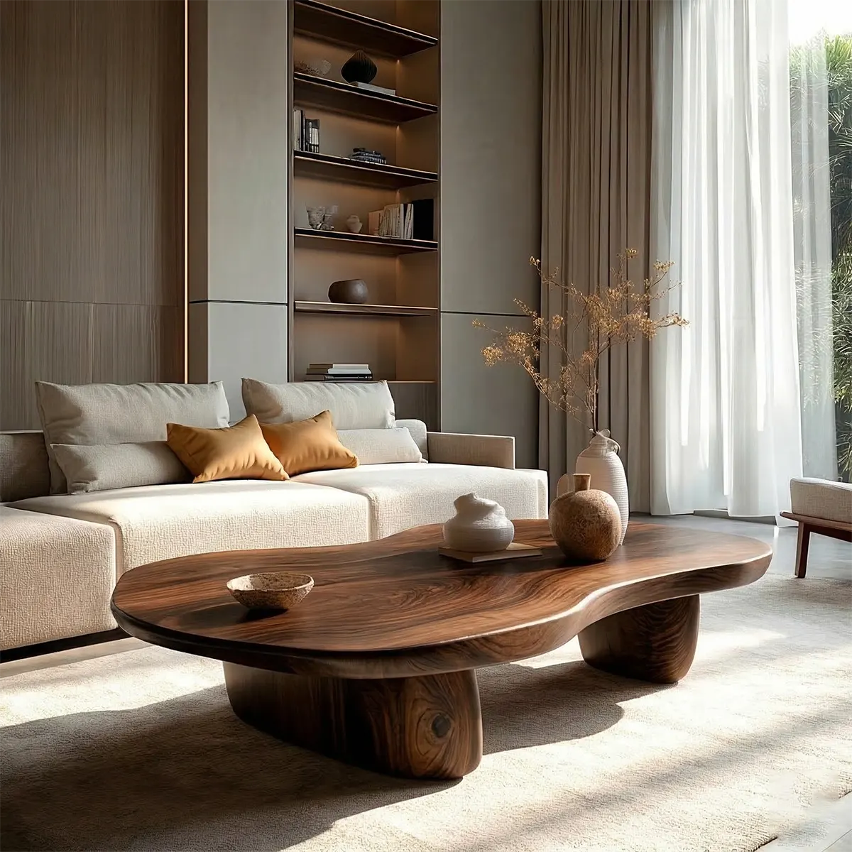 Modern Organic Natural Solid Wood Coffee Table with Rounded Base - Woodenecho