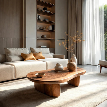 Modern Organic Natural Solid Wood Coffee Table with Rounded Base - Woodenecho