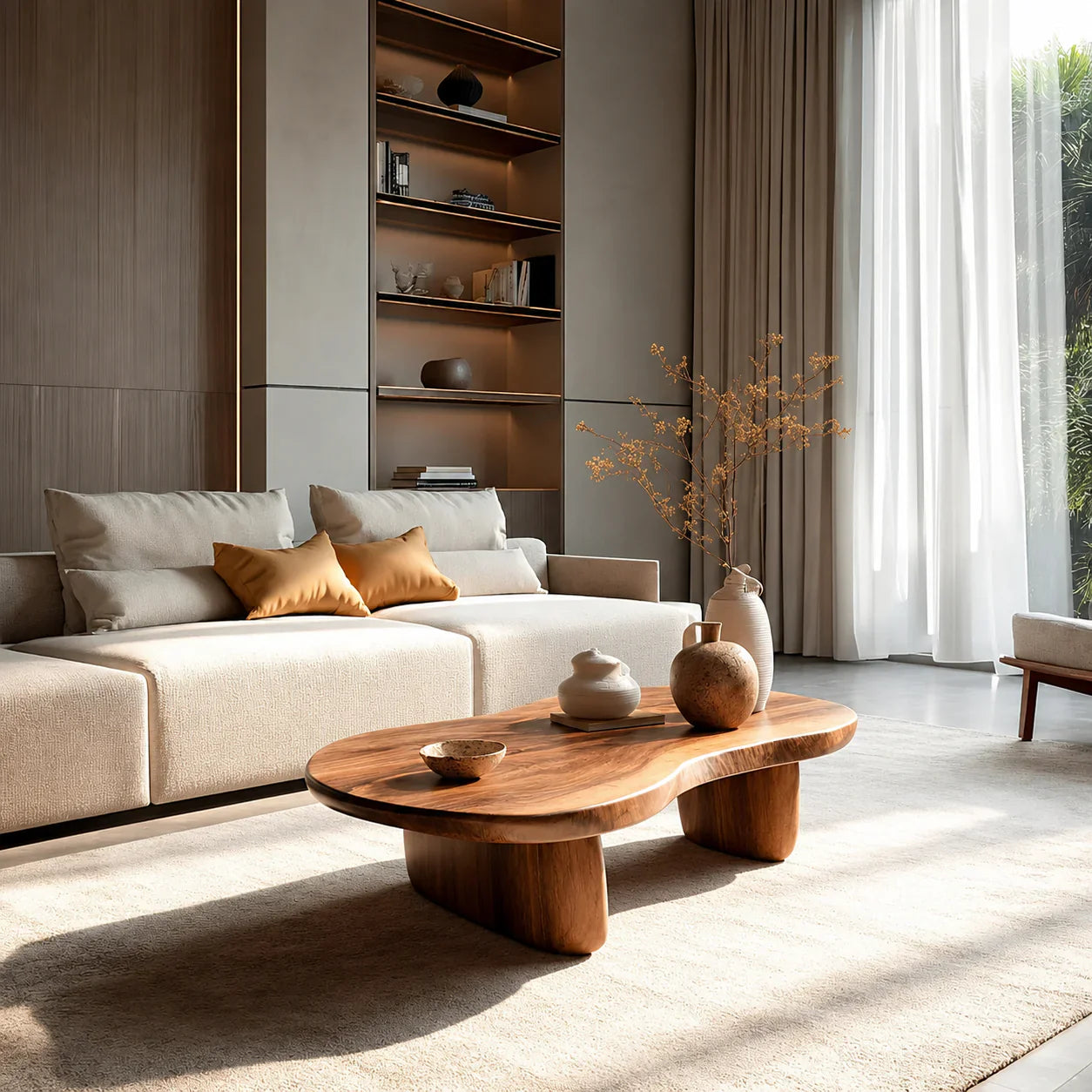 Modern Organic Natural Solid Wood Coffee Table with Rounded Base - Woodenecho