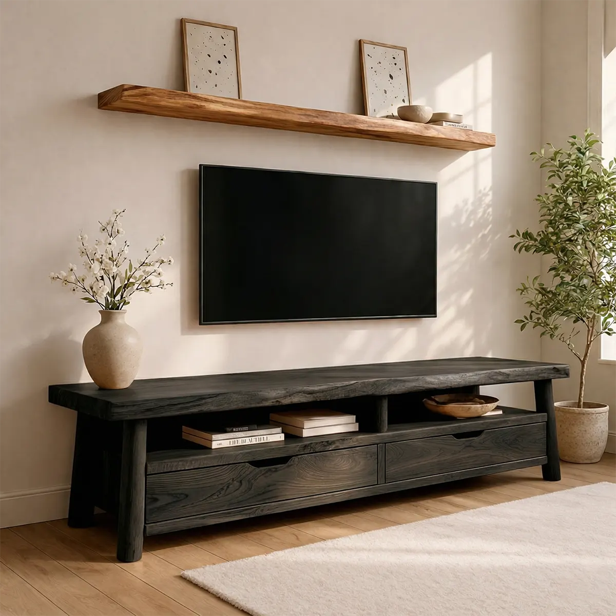 Modern Solid Wood TV Stand with Drawers and Open Shelf Storage - Rustirawood