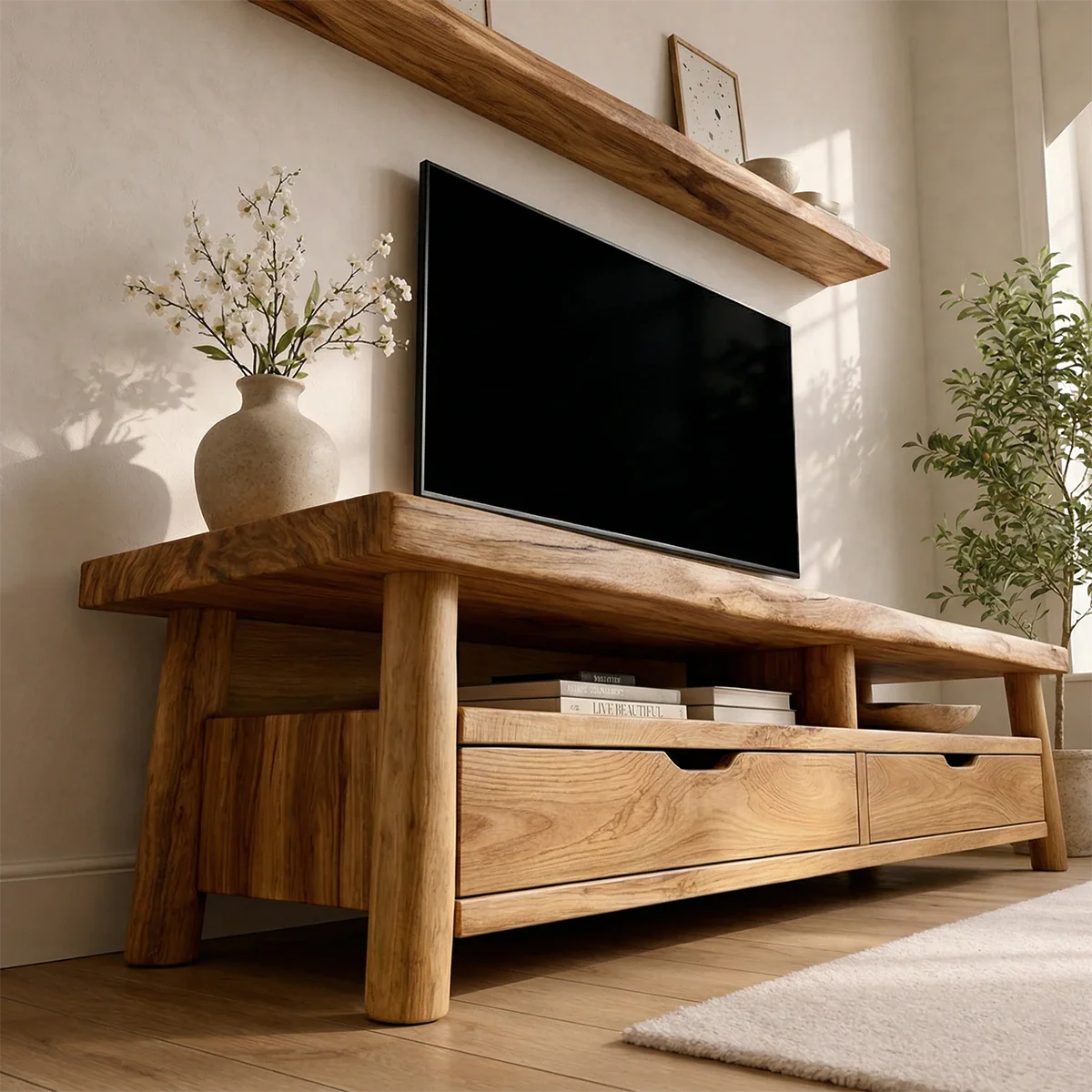 Modern Solid Wood TV Stand with Drawers and Open Shelf Storage - Rustirawood