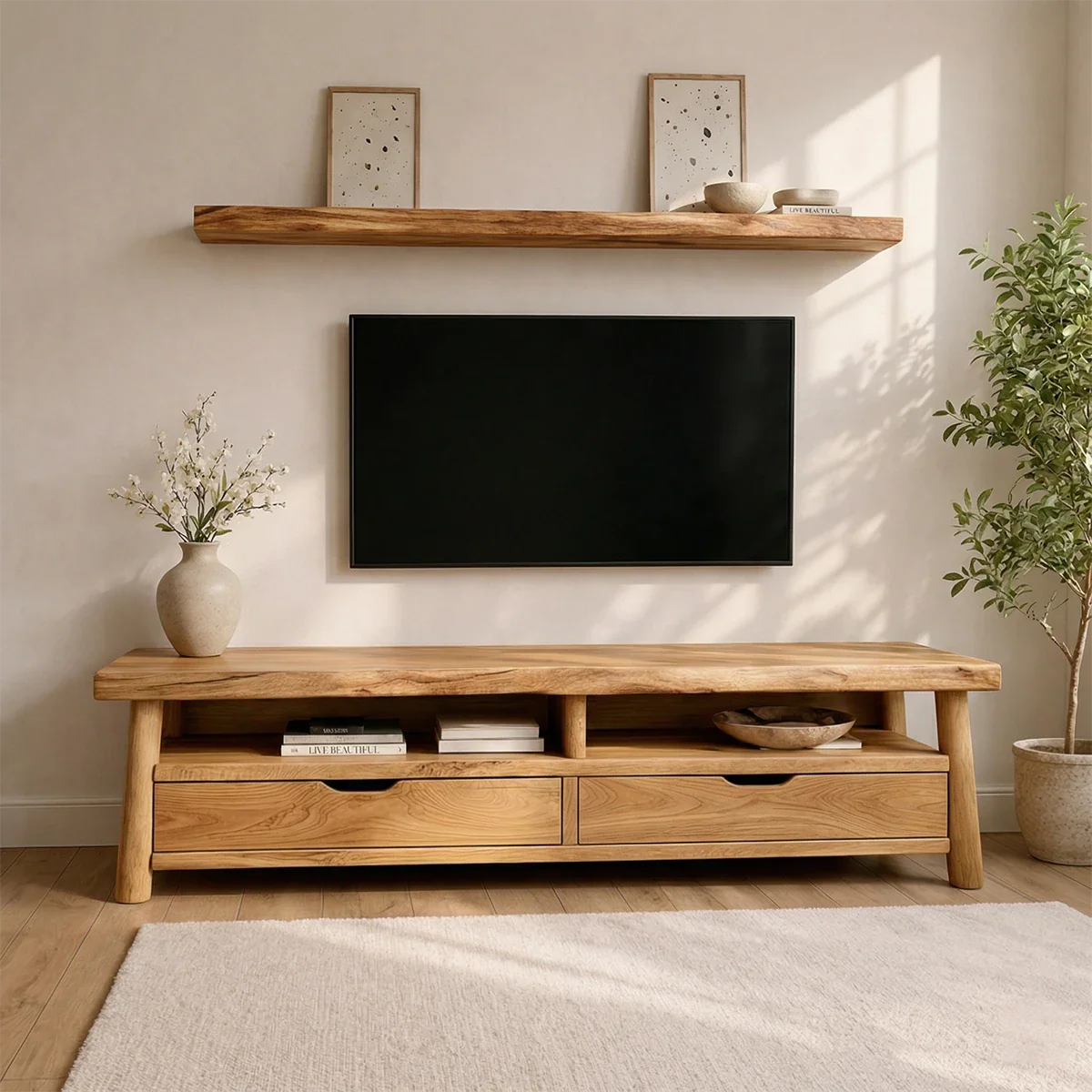 Modern Solid Wood TV Stand with Drawers and Open Shelf Storage - Rustirawood