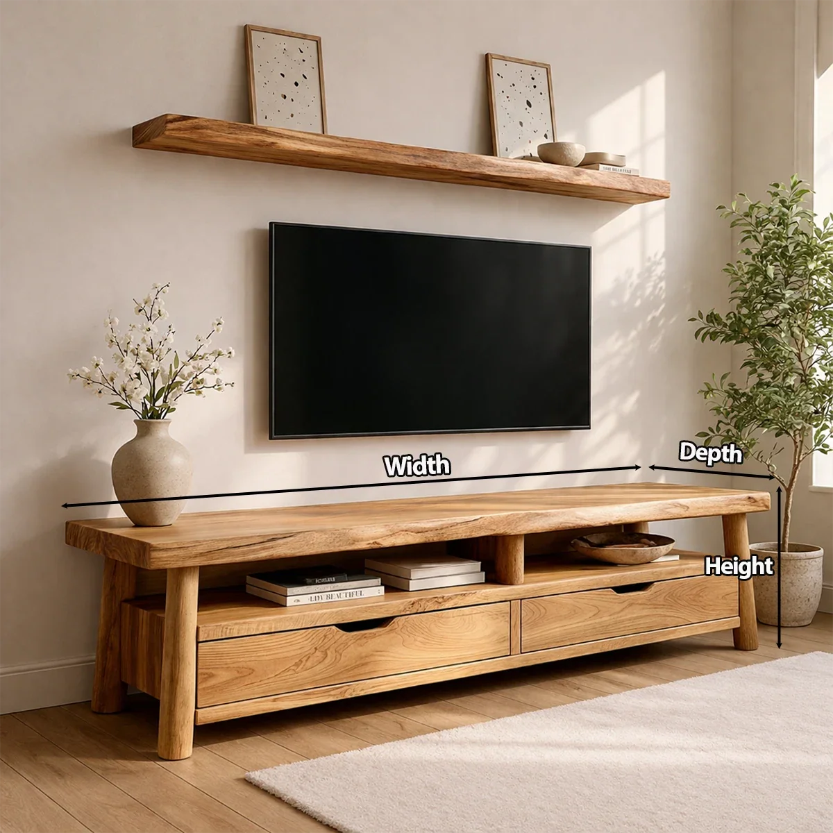 Modern Solid Wood TV Stand with Drawers and Open Shelf Storage - Rustirawood
