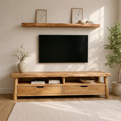 Modern Solid Wood TV Stand with Drawers and Open Shelf Storage - Woodenecho