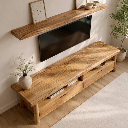 Modern Solid Wood TV Stand with Drawers and Open Shelf Storage - Woodenecho