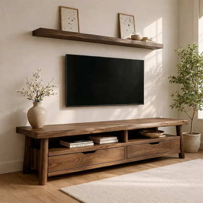 Modern Solid Wood TV Stand with Drawers and Open Shelf Storage - Woodenecho