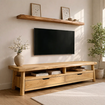 Modern Solid Wood TV Stand with Drawers and Open Shelf Storage - Woodenecho