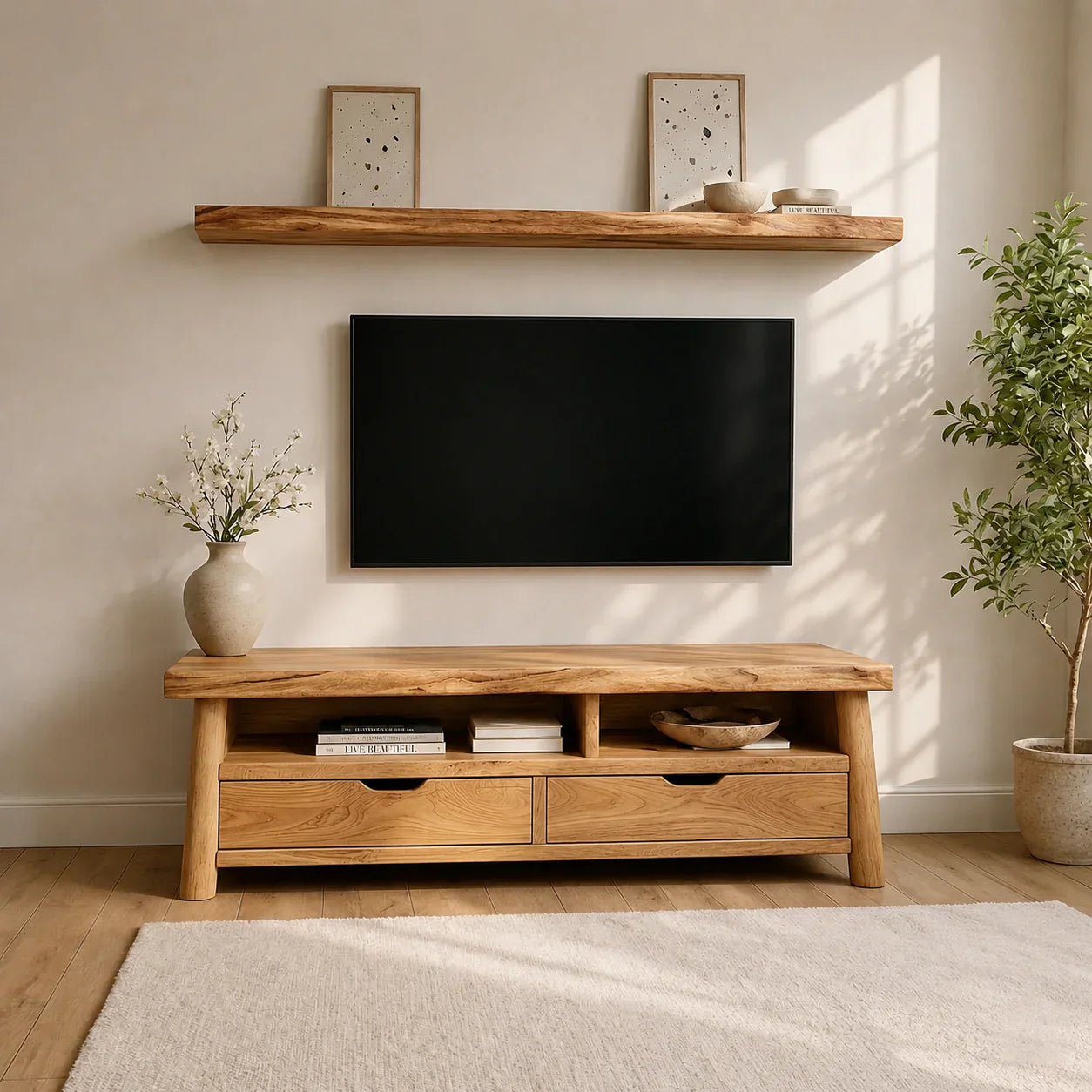 Modern Solid Wood TV Stand with Drawers and Open Shelf Storage - Woodenecho
