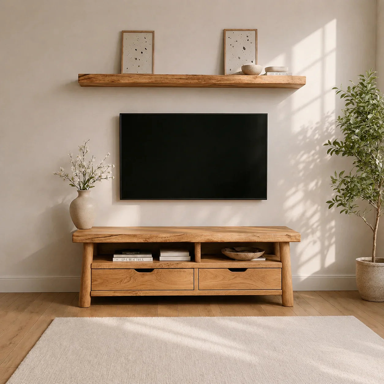 Modern Solid Wood TV Stand with Drawers and Open Shelf Storage - Woodenecho