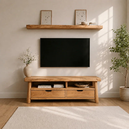 Modern Solid Wood TV Stand with Drawers and Open Shelf Storage - Woodenecho