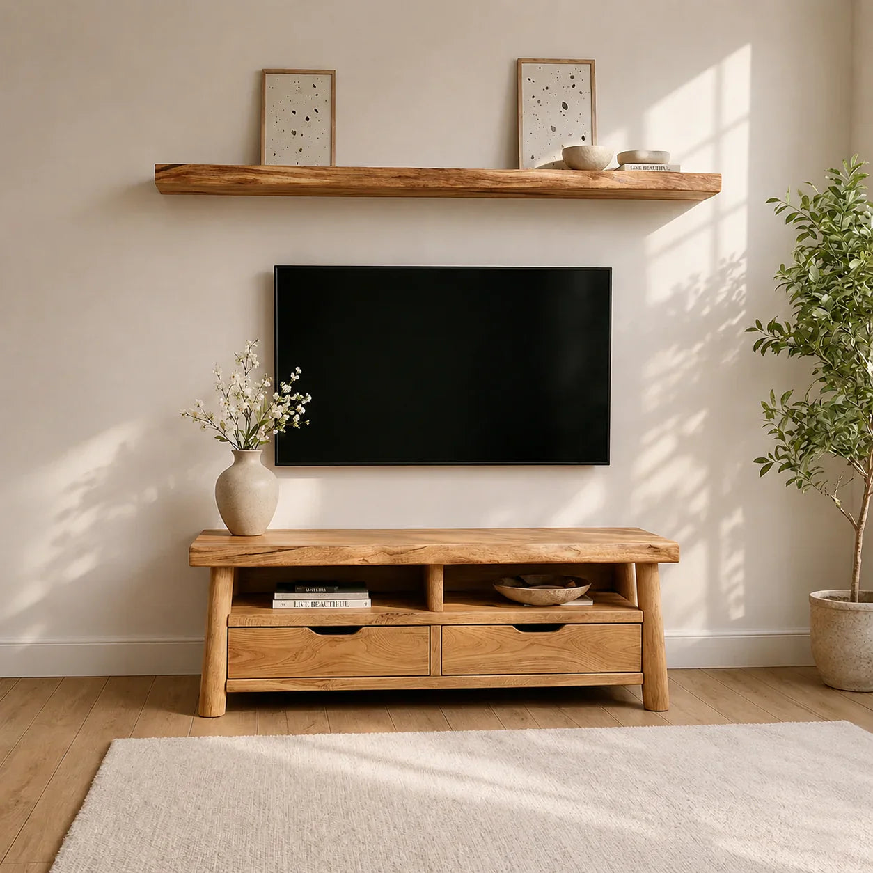 Modern Solid Wood TV Stand with Drawers and Open Shelf Storage - Woodenecho
