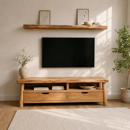 Modern Solid Wood TV Stand with Drawers and Open Shelf Storage - Woodenecho