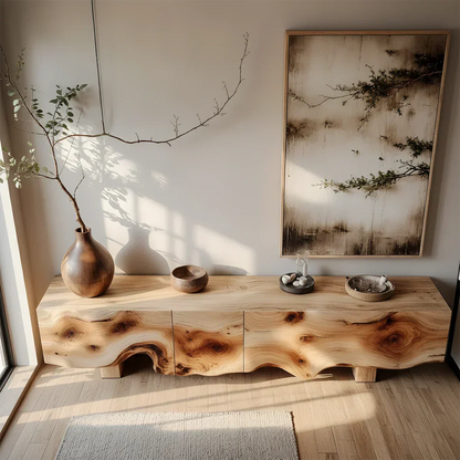 Natural Burl Flow Solid Wood TV Console – Wabi Sabi Organic Design - Rustirawood