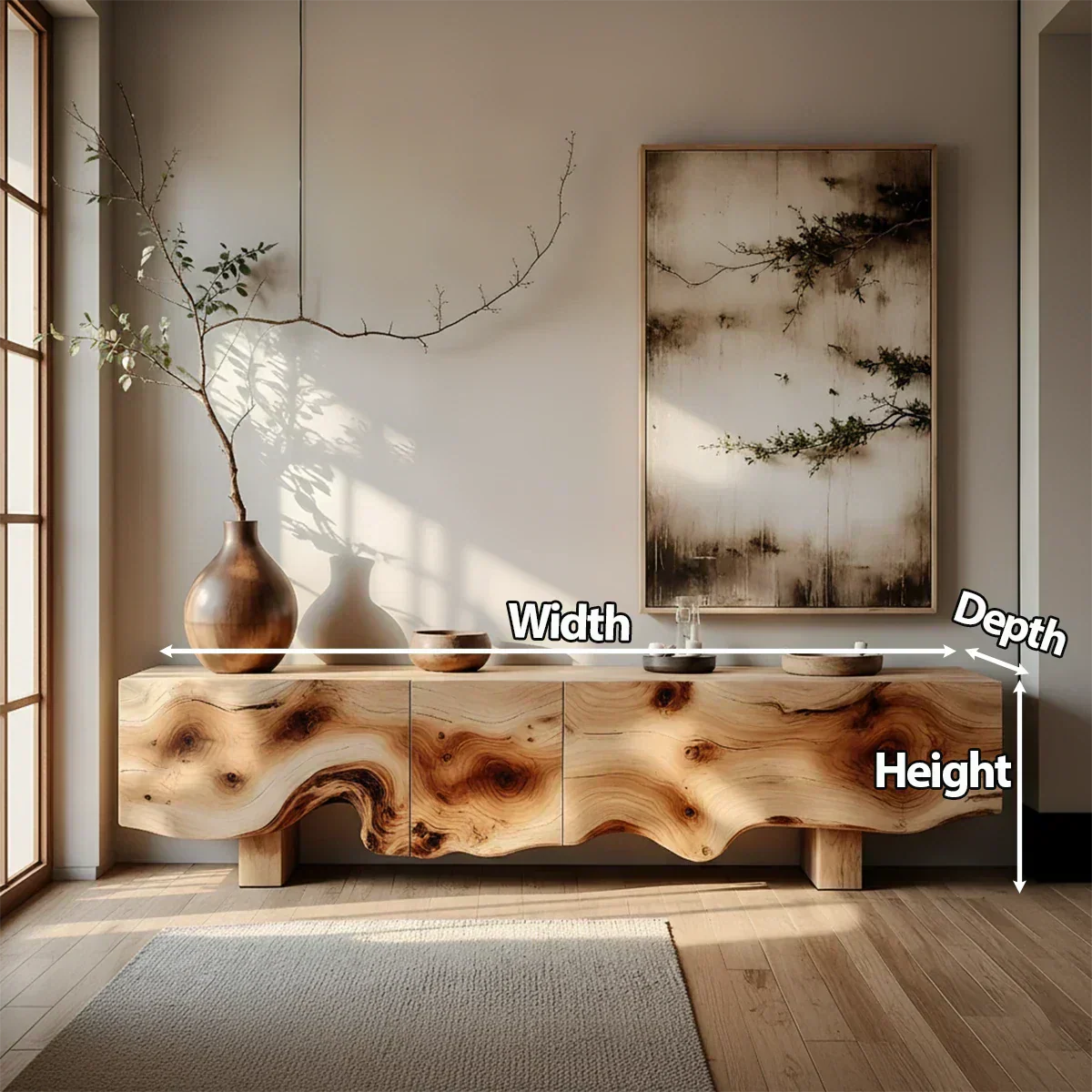 Natural Burl Flow Solid Wood TV Console – Wabi Sabi Organic Design - Rustirawood