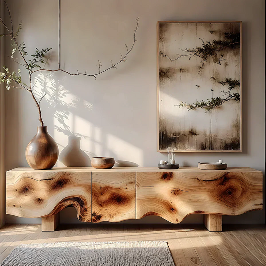 Natural Burl Flow Solid Wood TV Console – Wabi Sabi Organic Design - Woodenecho
