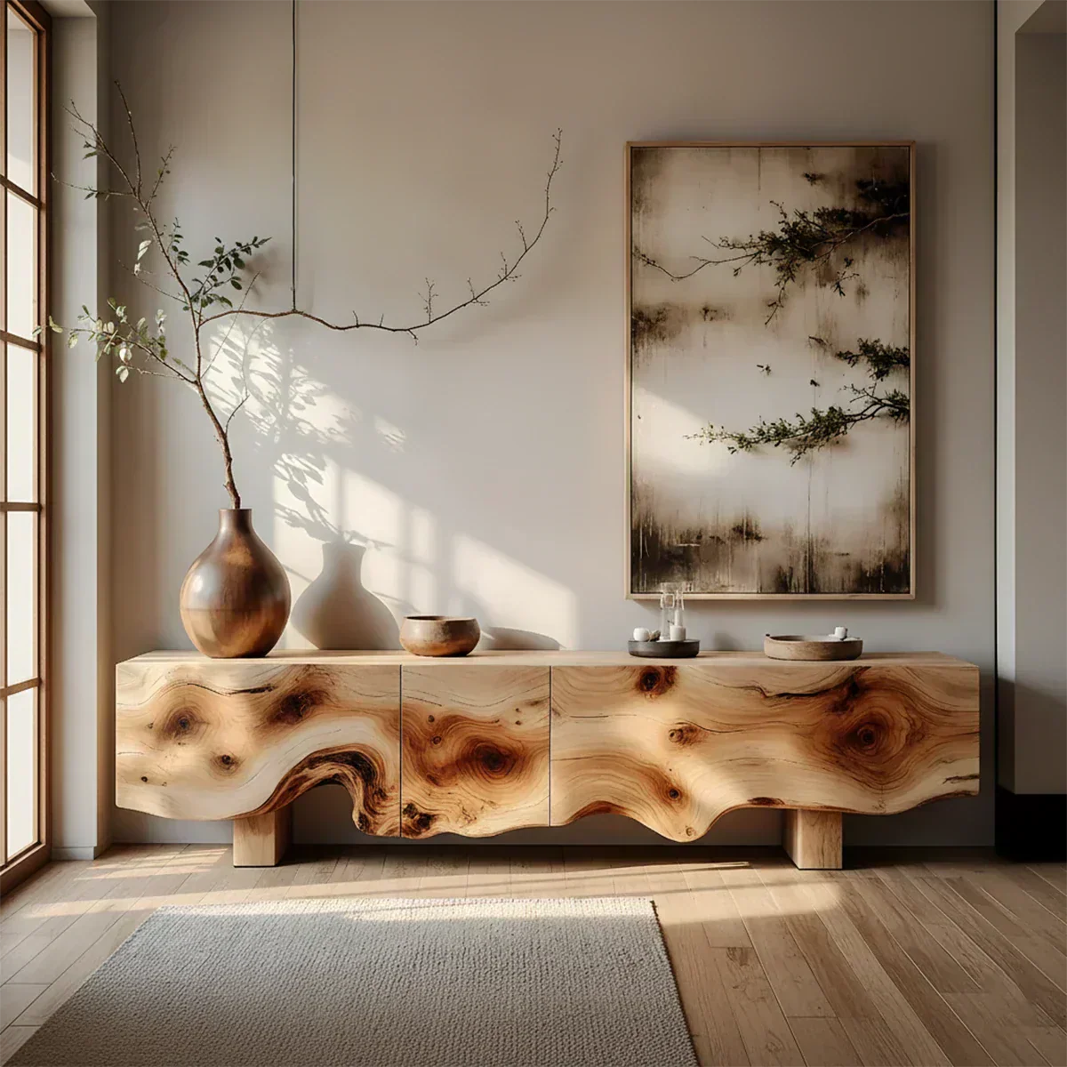 Natural Burl Flow Solid Wood TV Console – Wabi Sabi Organic Design - Woodenecho