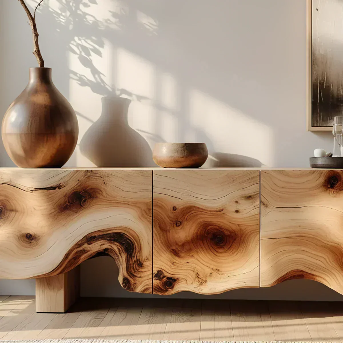 Natural Burl Flow Solid Wood TV Console – Wabi Sabi Organic Design - Woodenecho