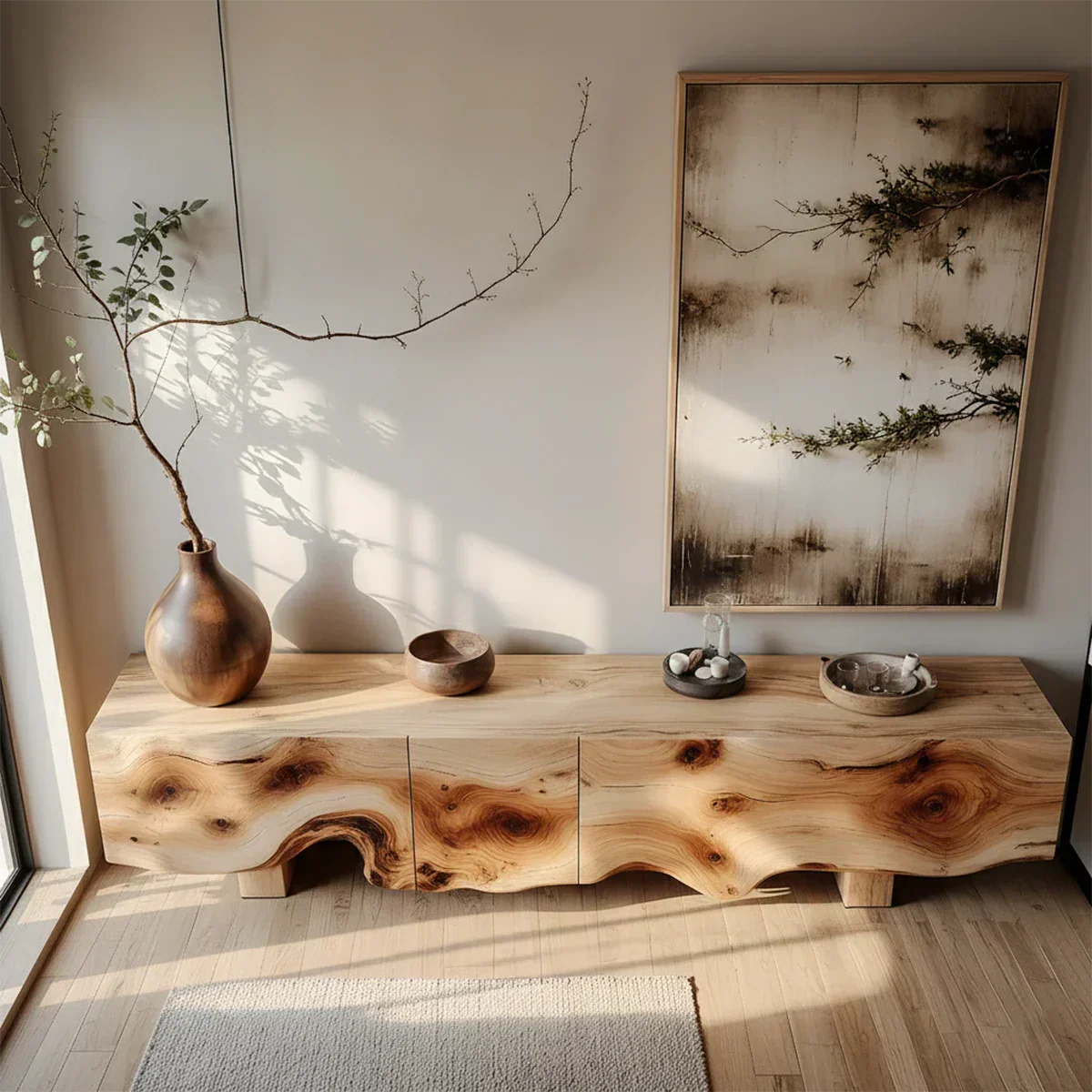 Natural Burl Flow Solid Wood TV Console – Wabi Sabi Organic Design - Woodenecho