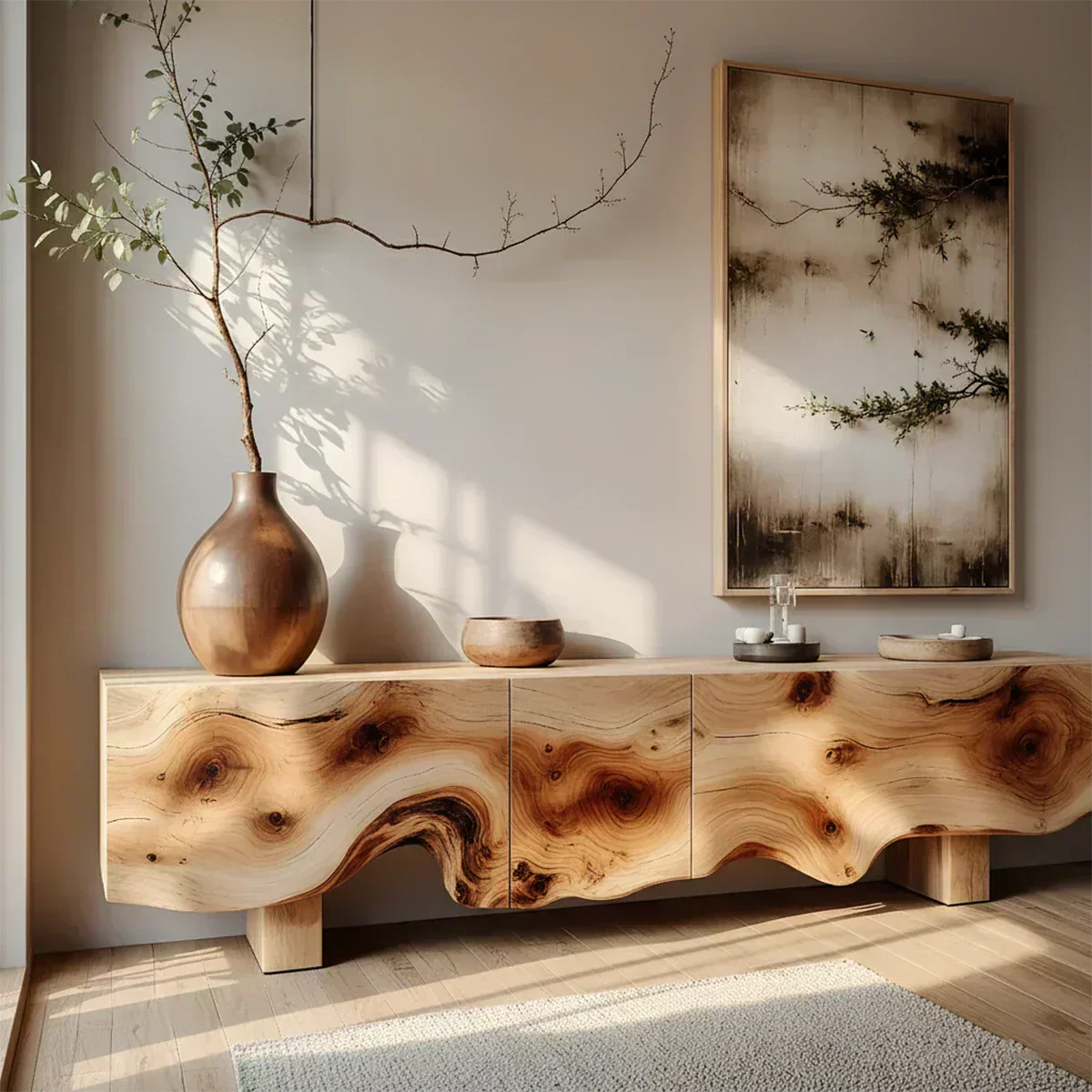 Natural Burl Flow Solid Wood TV Console – Wabi Sabi Organic Design - Woodenecho