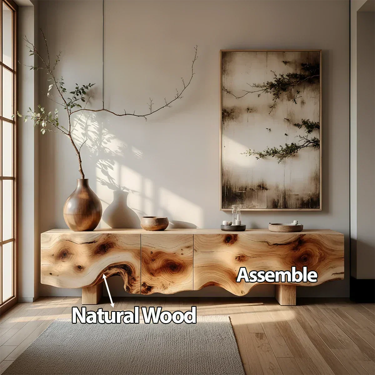 Natural Burl Flow Solid Wood TV Console – Wabi Sabi Organic Design - Woodenecho