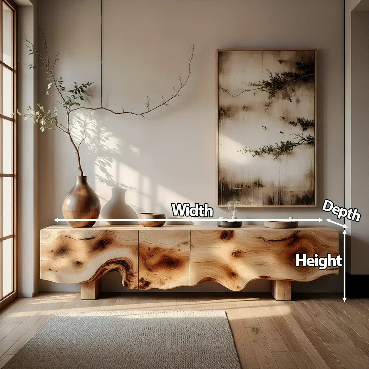 Natural Burl Flow Solid Wood TV Console – Wabi Sabi Organic Design - Woodenecho