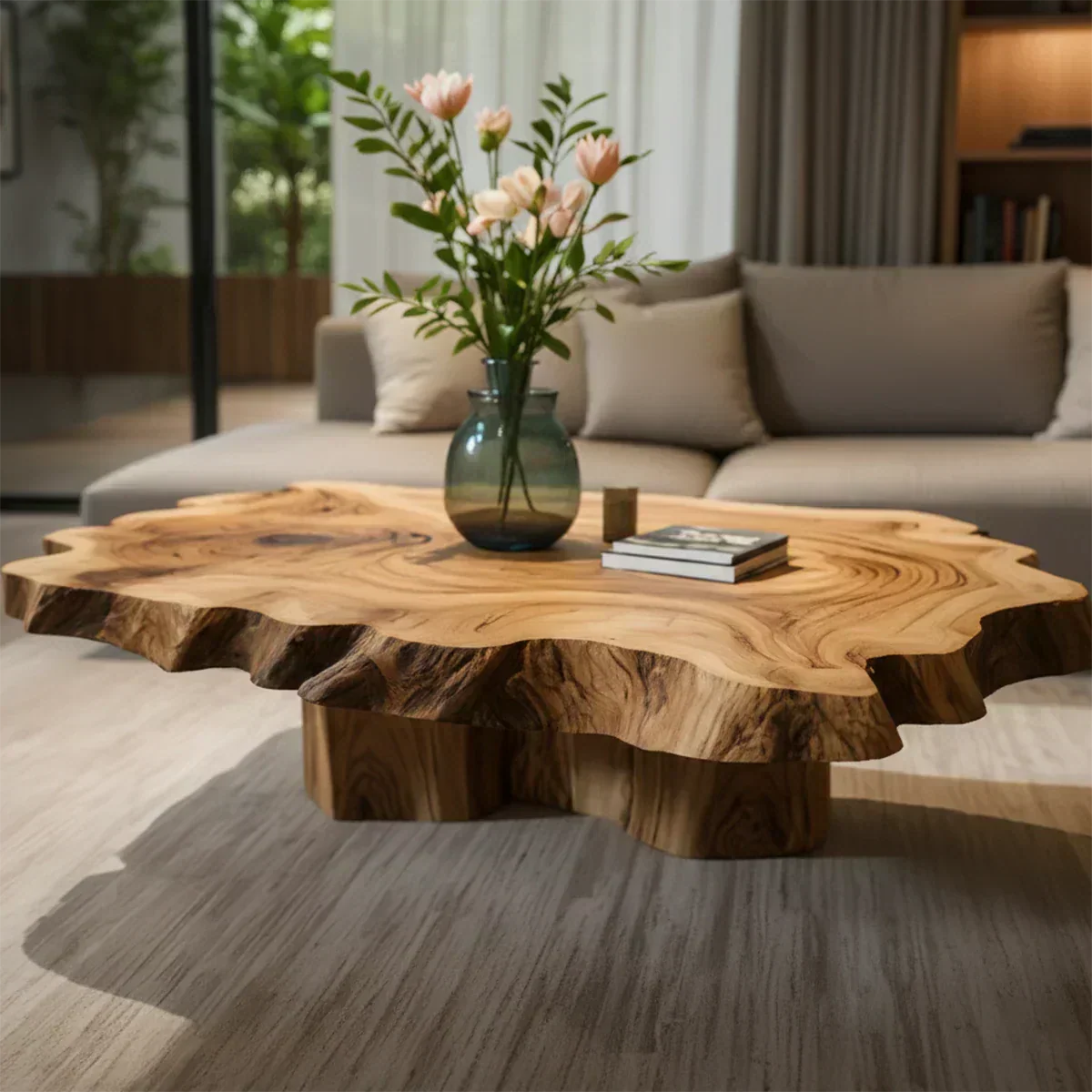 Natural Edge Solid Wood Coffee Table – Sculptural Japandi Form - Woodenecho