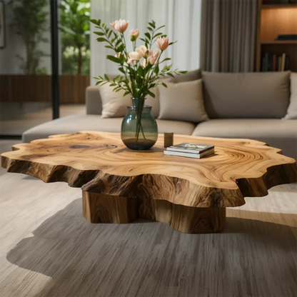 Natural Edge Solid Wood Coffee Table – Sculptural Japandi Form - Woodenecho