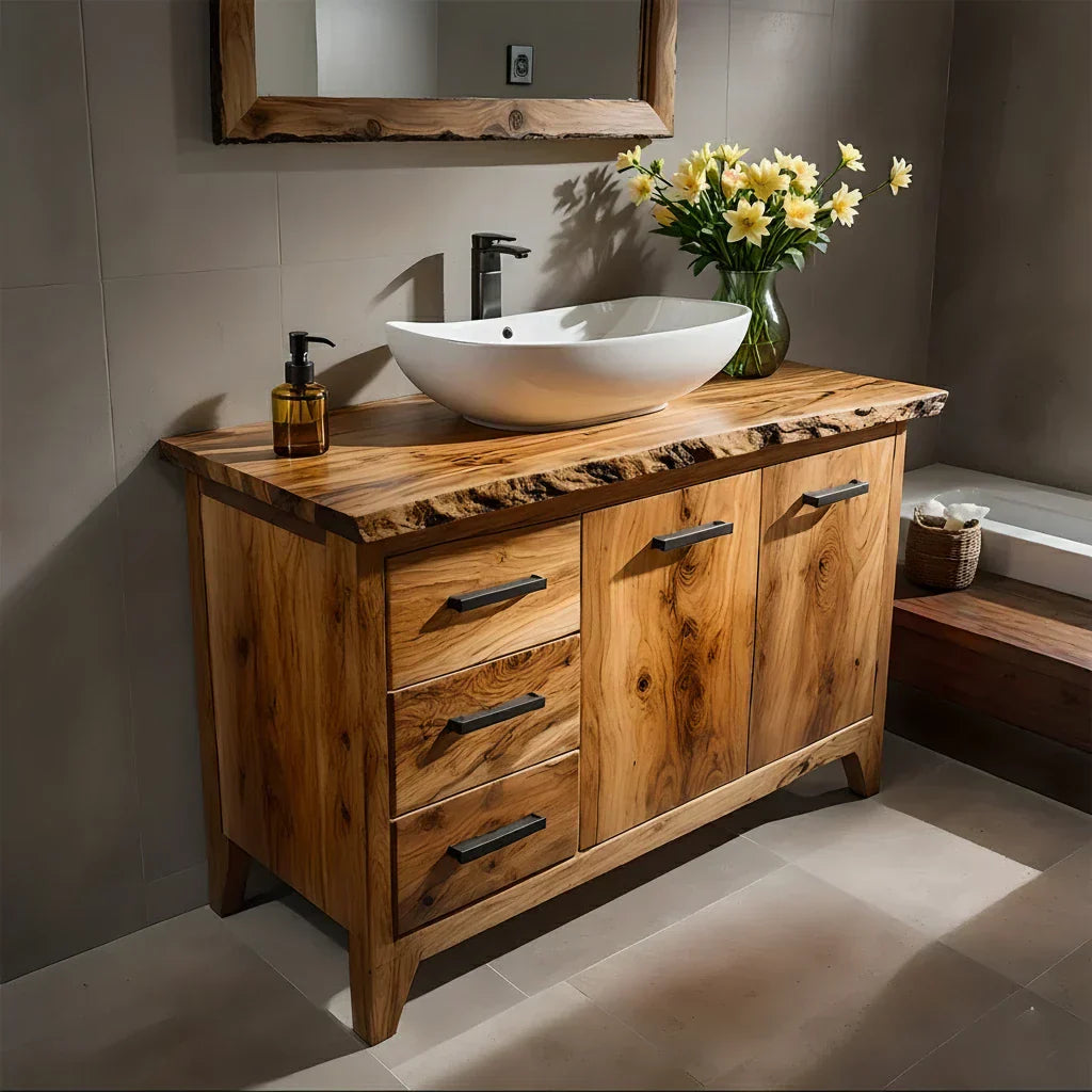 Natural Solid Wood Bathroom Vanity – Rustic Natural Edge Style - Rustirawood